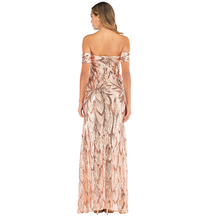 Sexy Personalized Evening Dress Off Shoulder Backless Long Skirt Lady Sequins Expansion Dress