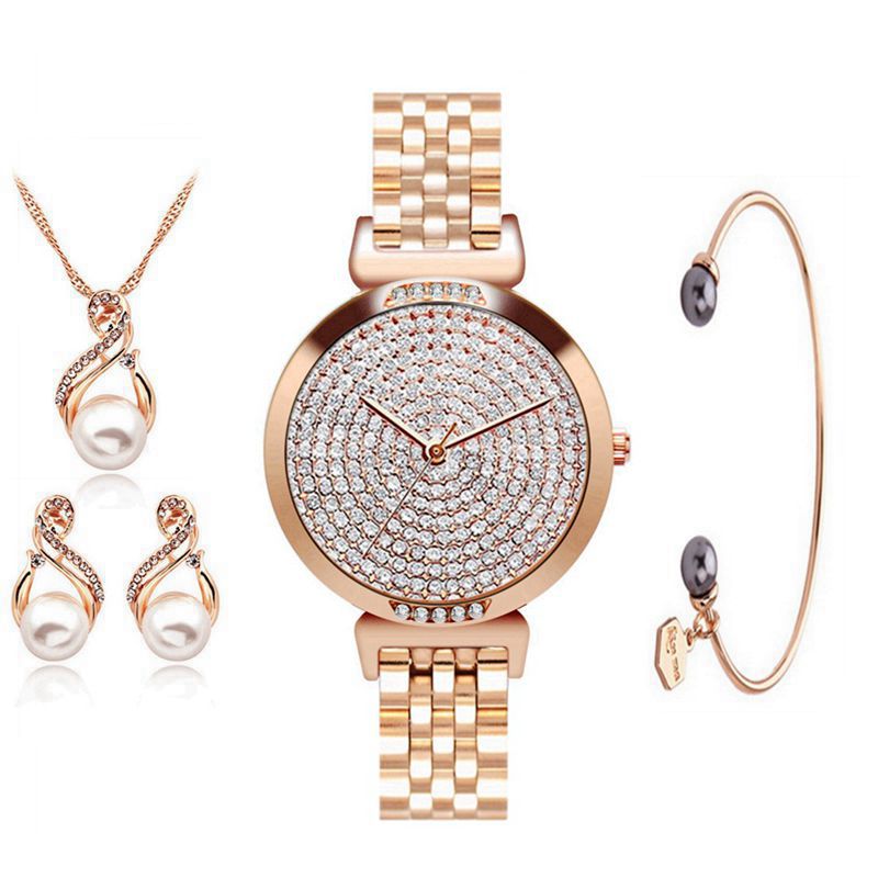 Fashion Women Jewelry Earrings &amp; Bracelet and Watch Set Creative Rhinestone Lady Gift Wristwatch
