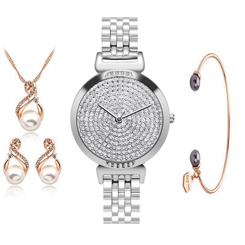 Fashion Women Jewelry Earrings &amp; Bracelet and Watch Set Creative Rhinestone Lady Gift Wristwatch