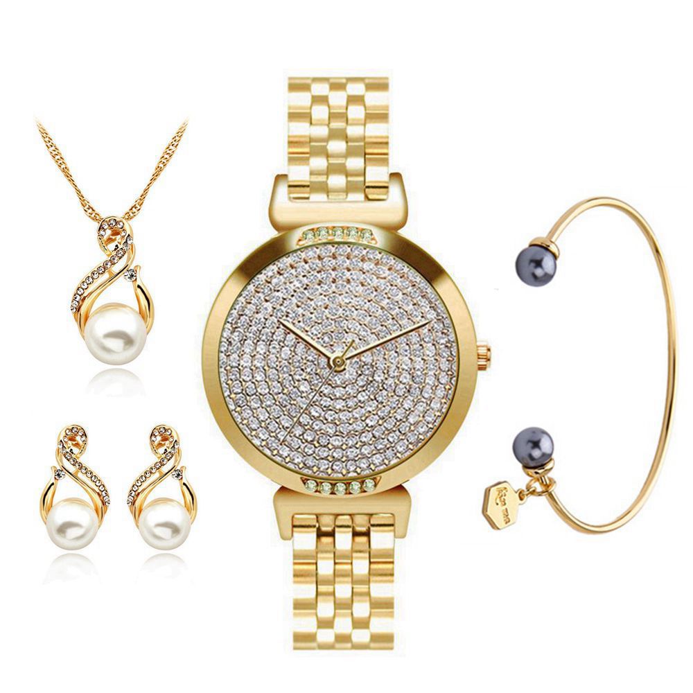 Fashion Women Jewelry Earrings &amp; Bracelet and Watch Set Creative Rhinestone Lady Gift Wristwatch