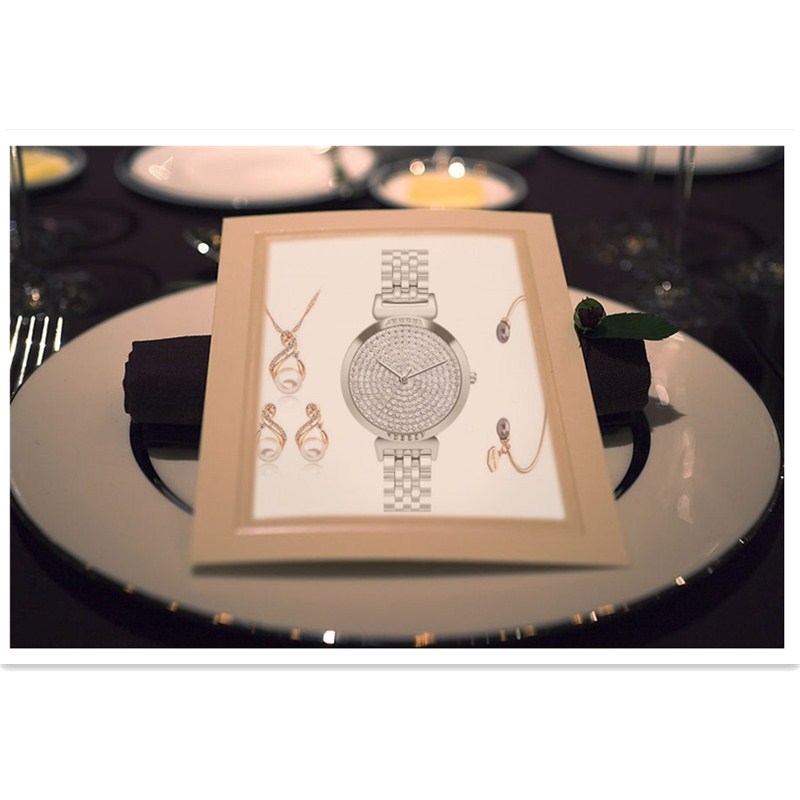 Fashion Women Jewelry Earrings &amp; Bracelet and Watch Set Creative Rhinestone Lady Gift Wristwatch
