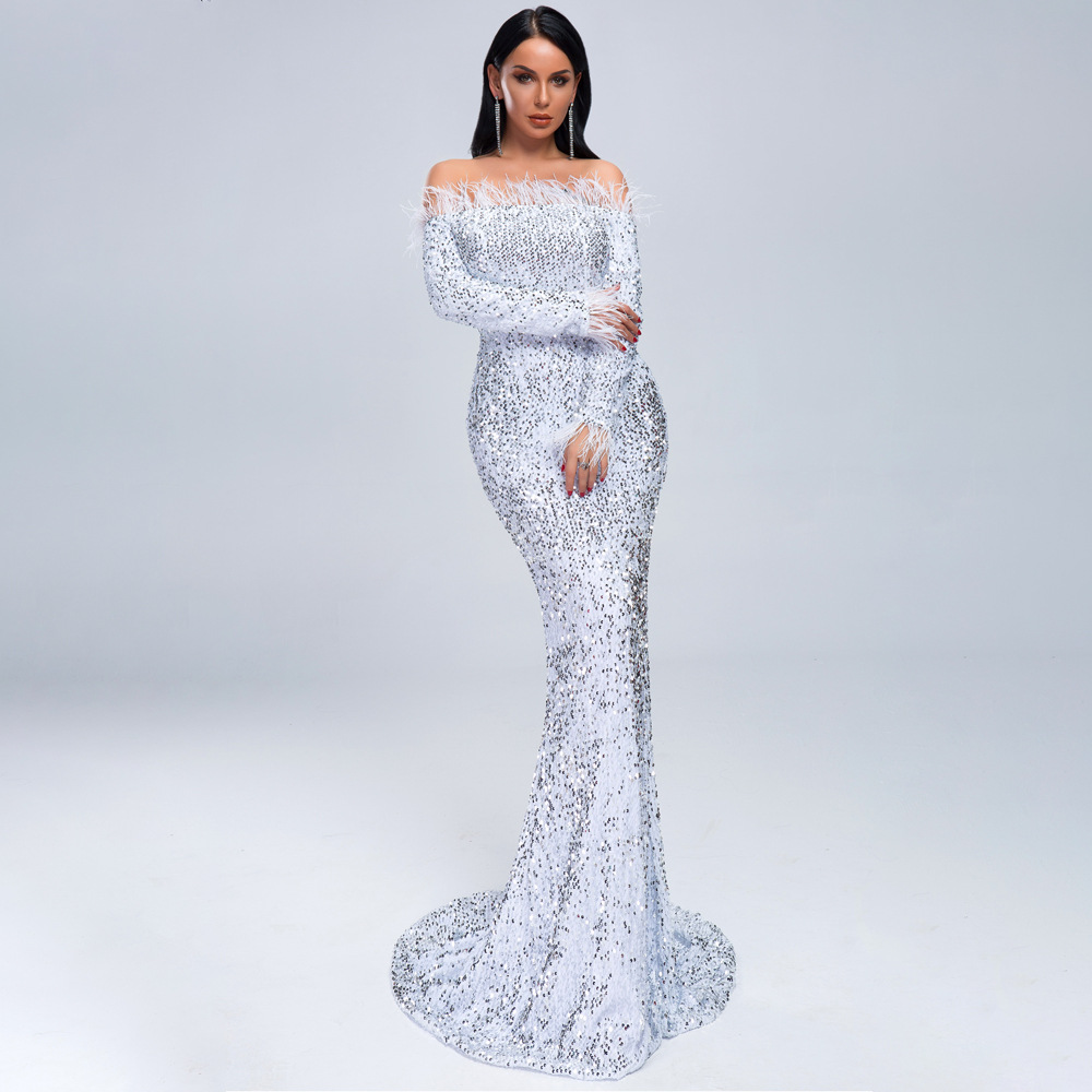 Sexy Evening Dress Off Shoulder Long Sleeve  Leather Sequins Skirt Lady Red Carpet Ceremony Dress