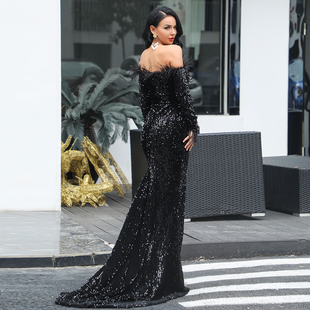 Sexy Evening Dress Off Shoulder Long Sleeve  Leather Sequins Skirt Lady Red Carpet Ceremony Dress