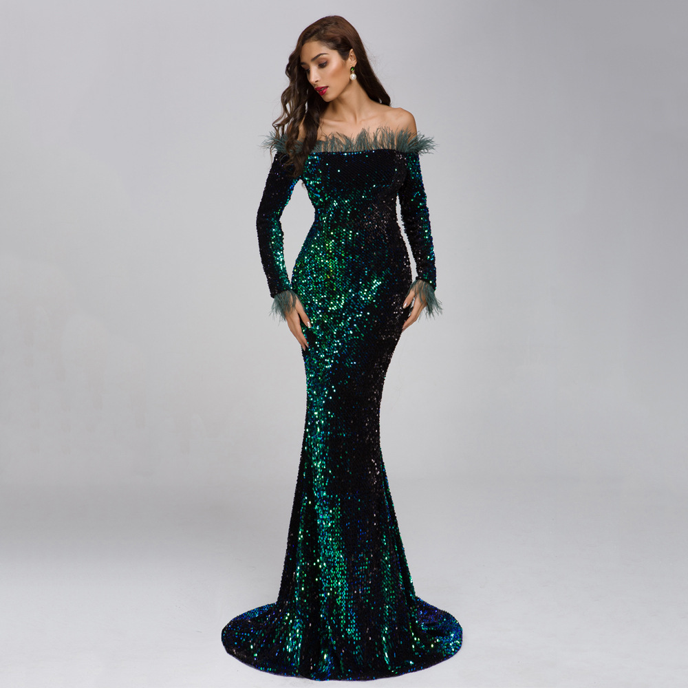 Sexy Evening Dress Off Shoulder Long Sleeve  Leather Sequins Skirt Lady Red Carpet Ceremony Dress