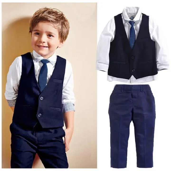 Baby Boy Gentleman Clothing Set Wedding Birthday Party Formal Kid Outfit Boy Formal Suit Boys' Gentleman Set British Style Shirt+Tie+Vest+Pants Set of Four Piece Boys Suns Birthday Gift Suits