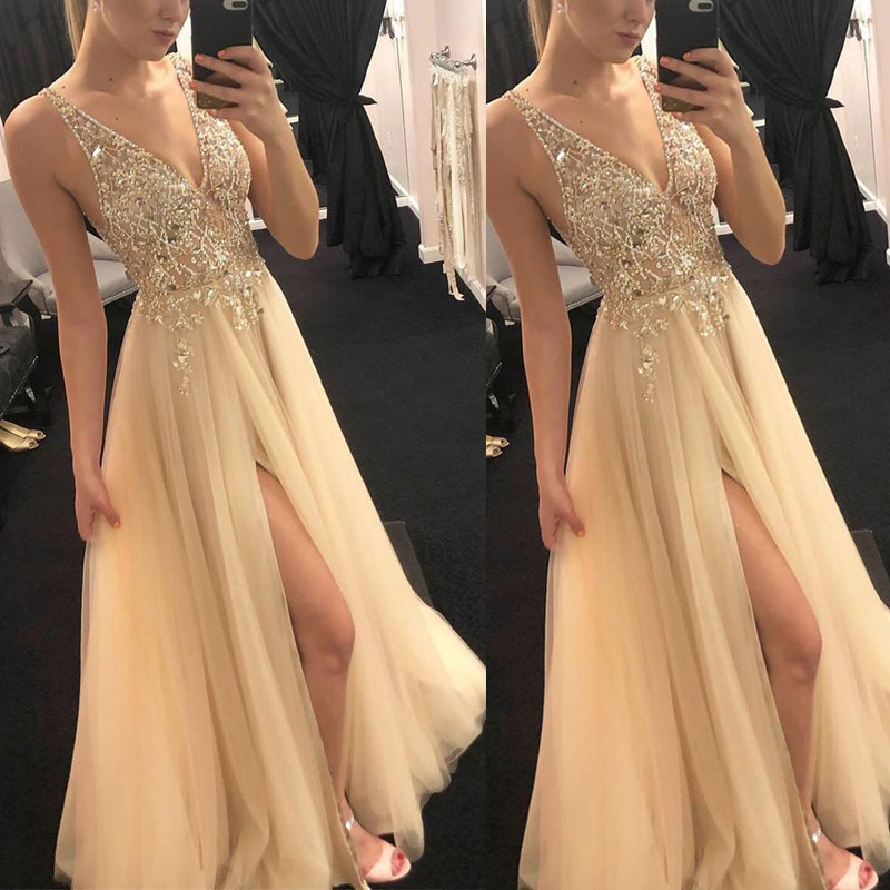 Sexy Evening Dress High V Neck Long  Sequins Skirt Lady High Splite Concert Dress Party Dress