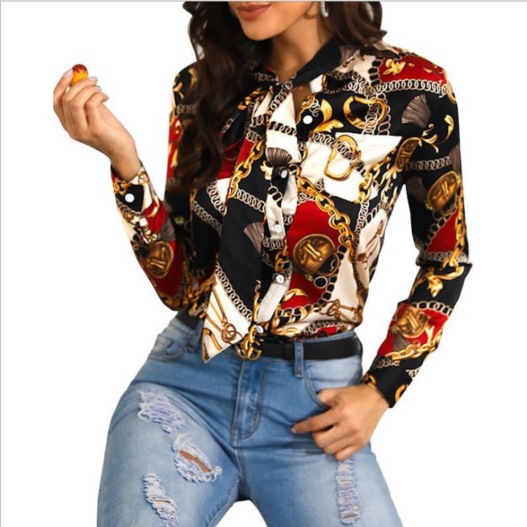 2022 Popoular Office Lady Shirt Female Elegant Polyester Long Sleeve Flower Top Girls Women Casual Blouse  Chain Printed Women Street Shopping Dresses