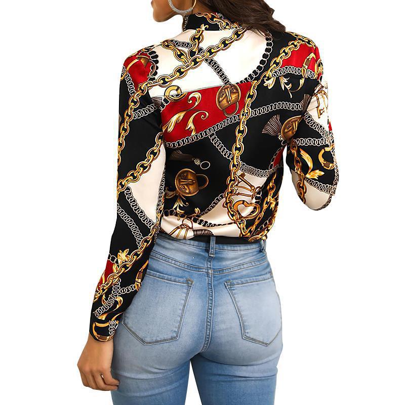 2022 Popoular Office Lady Shirt Female Elegant Polyester Long Sleeve Flower Top Girls Women Casual Blouse  Chain Printed Women Street Shopping Dresses