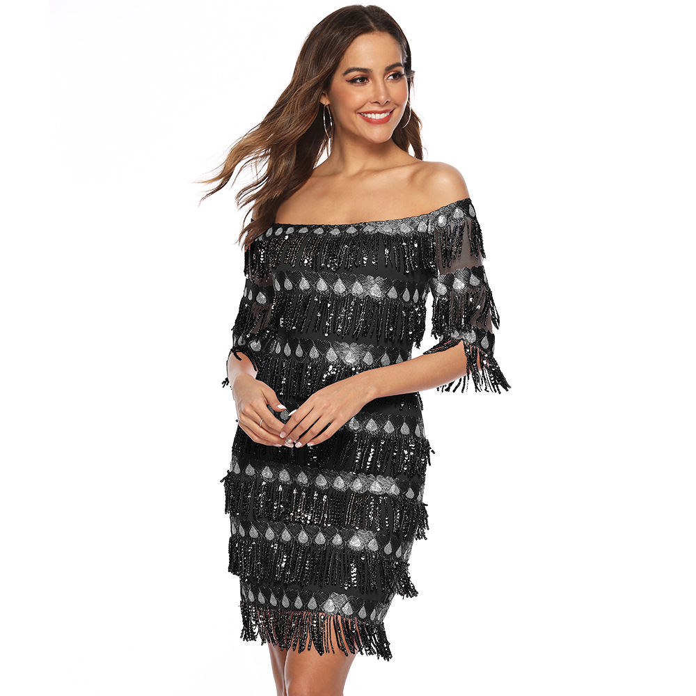 Sexy Personalized Evening Dress Off ShoulderTassels Squins Slim Skirt Lady Concert Dress Party Dress