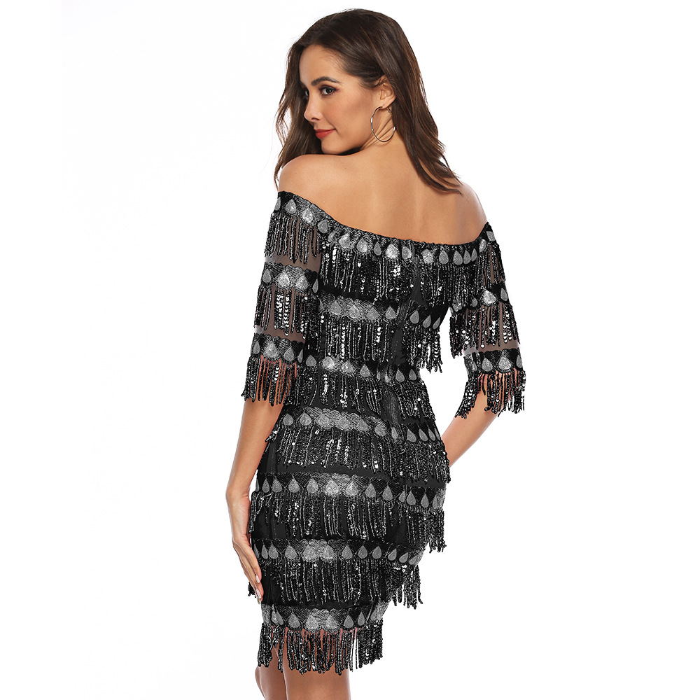 Sexy Personalized Evening Dress Off ShoulderTassels Squins Slim Skirt Lady Concert Dress Party Dress