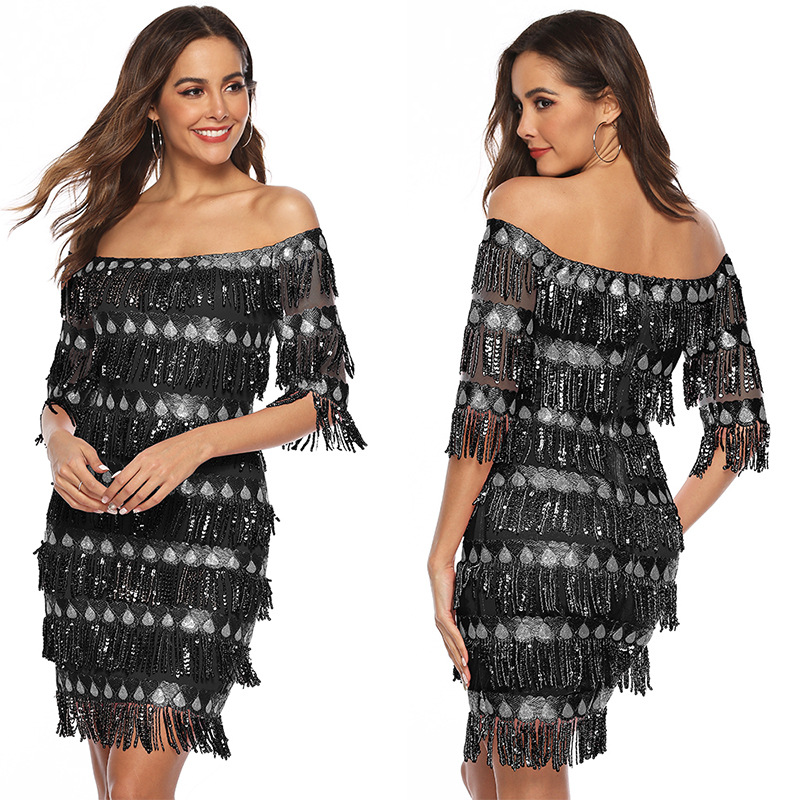 Sexy Personalized Evening Dress Off ShoulderTassels Squins Slim Skirt Lady Concert Dress Party Dress