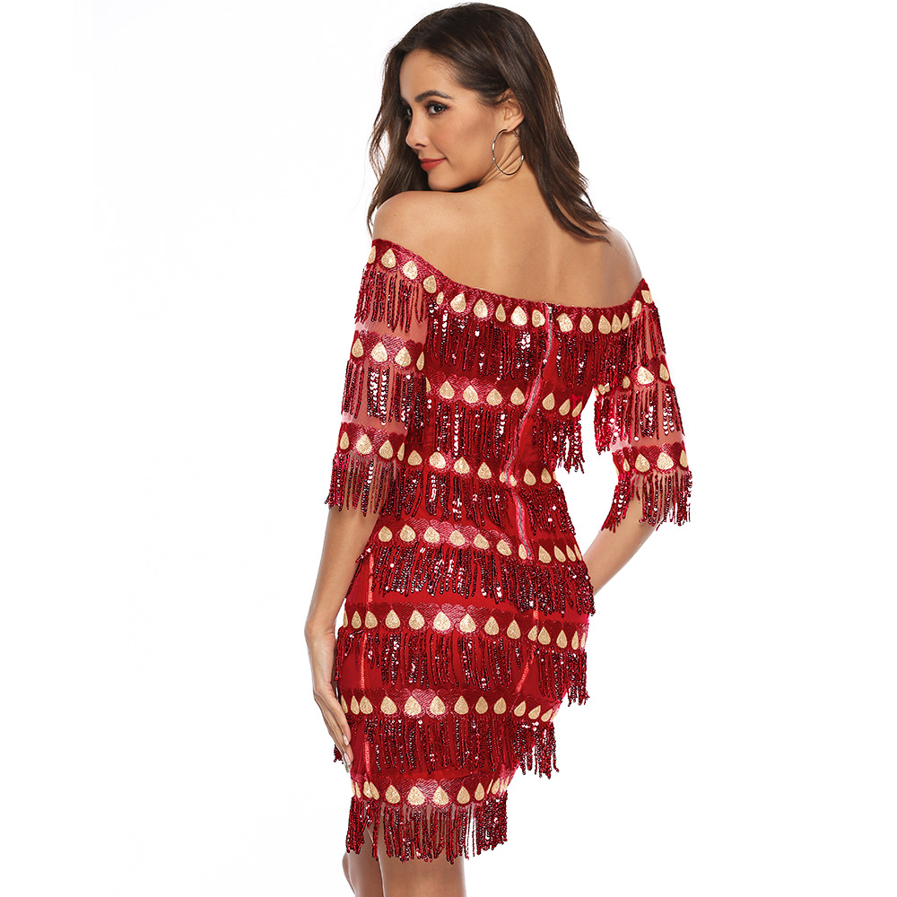 Sexy Personalized Evening Dress Off ShoulderTassels Squins Slim Skirt Lady Concert Dress Party Dress
