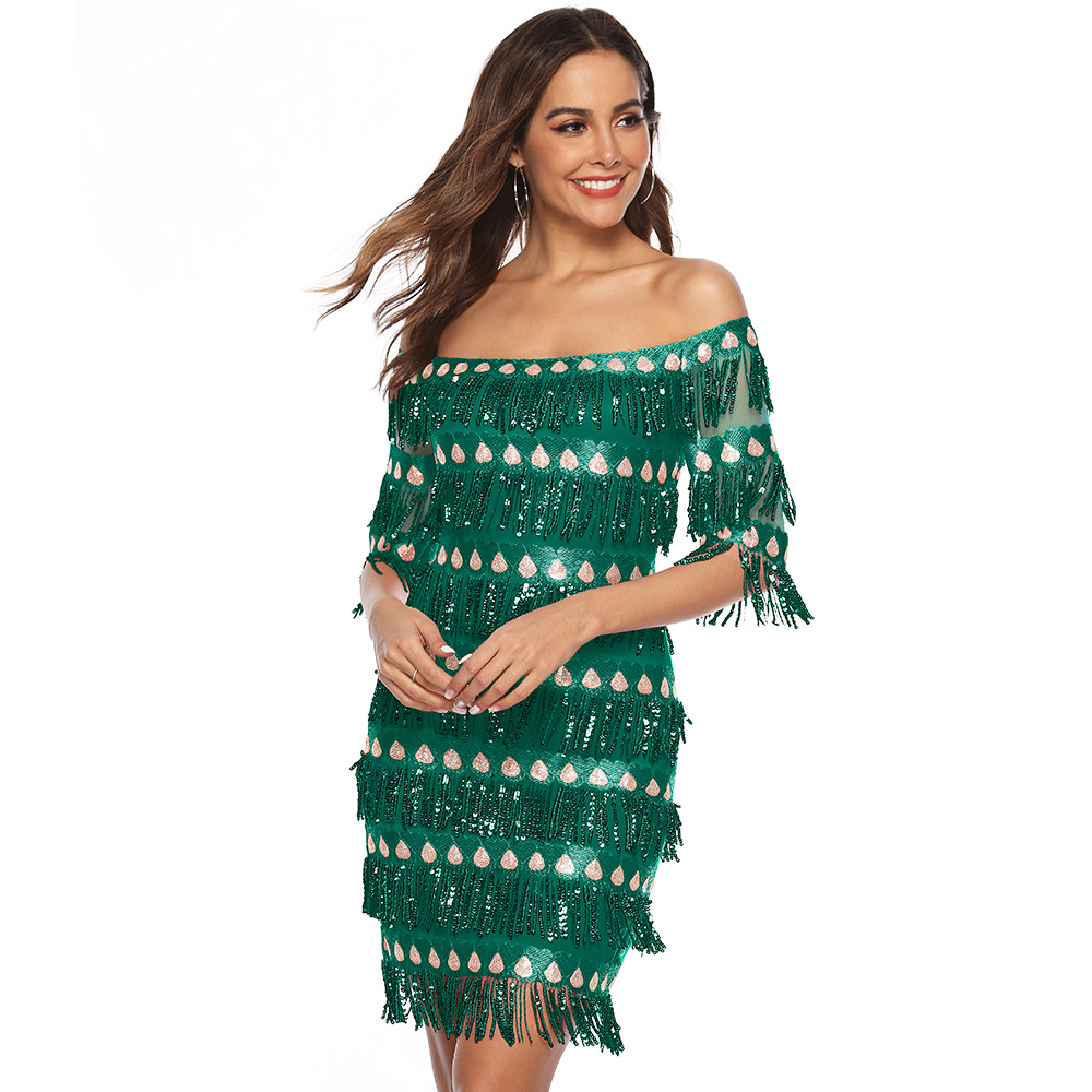 Sexy Personalized Evening Dress Off ShoulderTassels Squins Slim Skirt Lady Concert Dress Party Dress