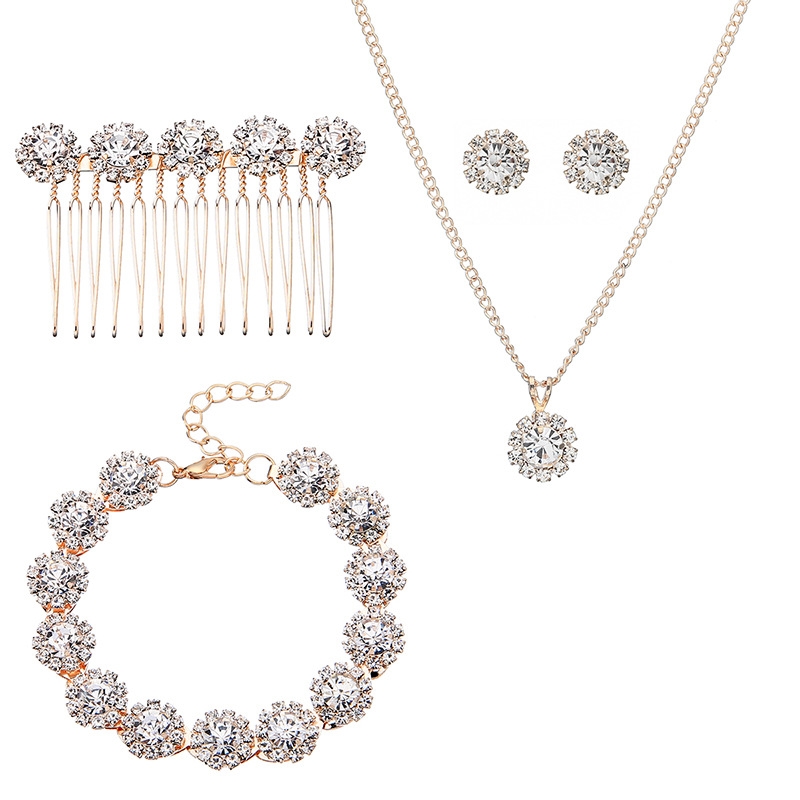 Luxury Crystal Bridal Necklace Earrings Comb Bracelet Jewelry5-PC Set Fashion Jewelry WeddingJewelry
