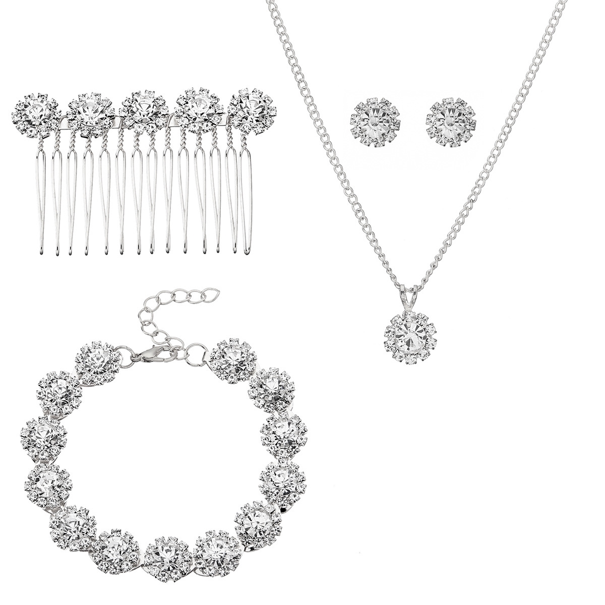 Luxury Crystal Bridal Necklace Earrings Comb Bracelet Jewelry5-PC Set Fashion Jewelry WeddingJewelry