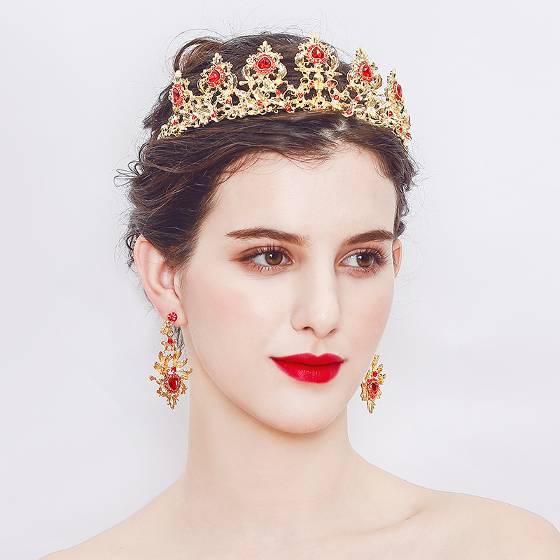Vintage Luxury Elegant Red Crystal Bridal Crown Earrings Jewelry Sets Fashion Jewelry  Jewelry