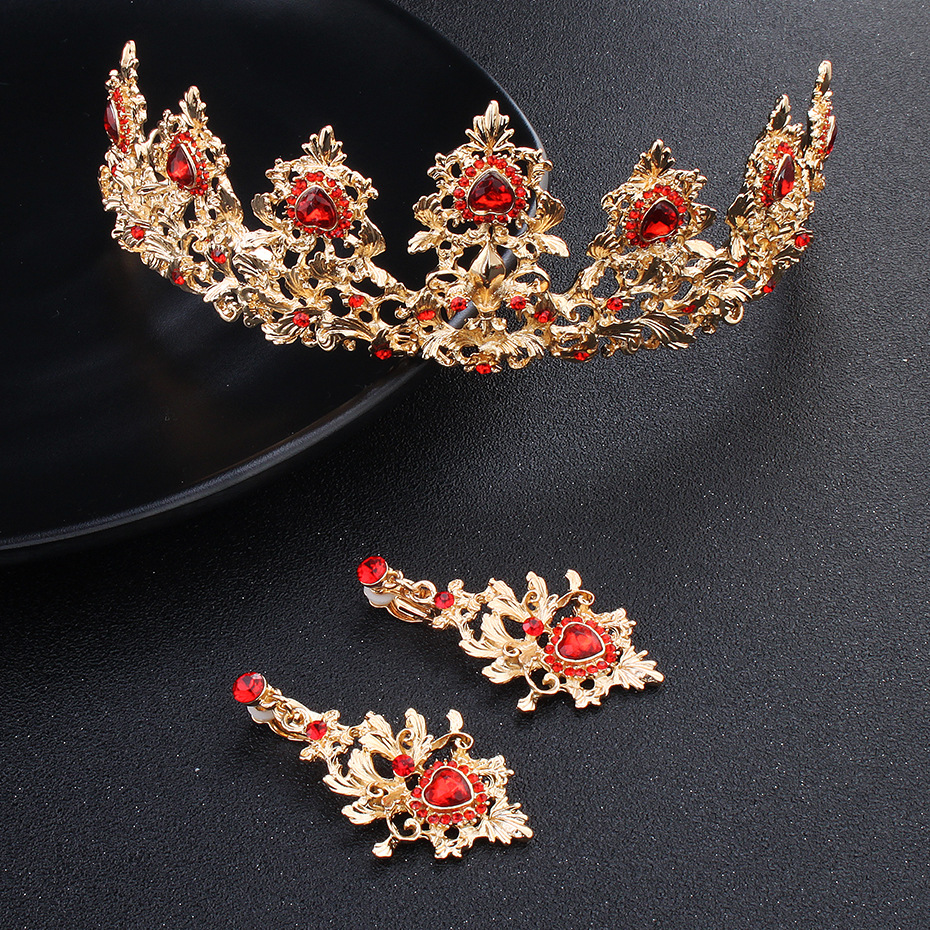 Vintage Luxury Elegant Red Crystal Bridal Crown Earrings Jewelry Sets Fashion Jewelry  Jewelry
