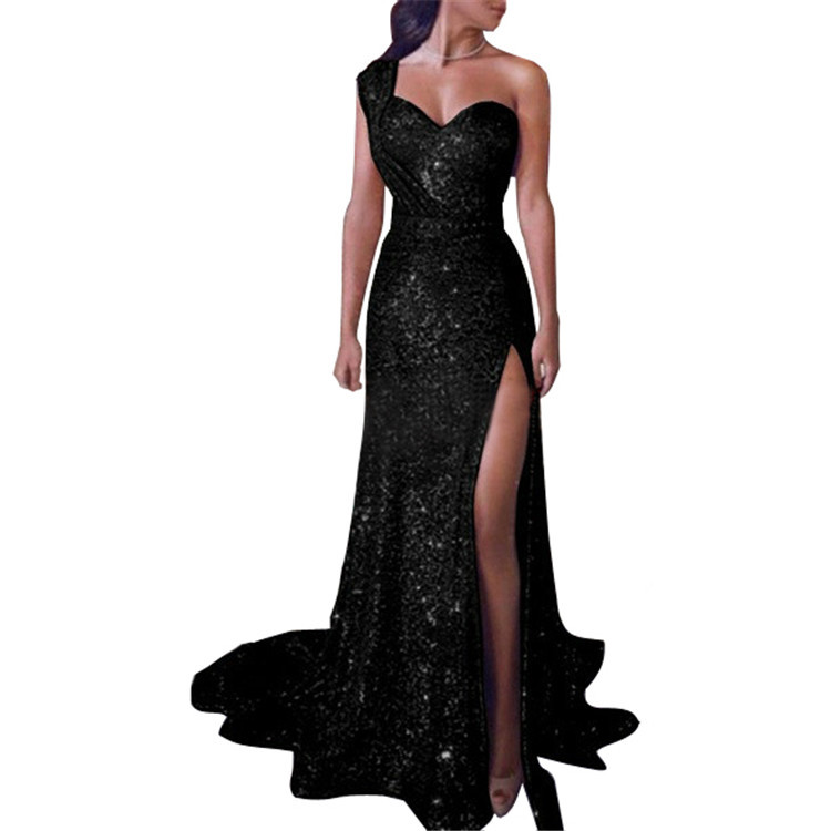 Sexy High Splite Long Evening Dress High V Neck Squins Skirt Lady Offshoulder Wrap Chest Party Dress