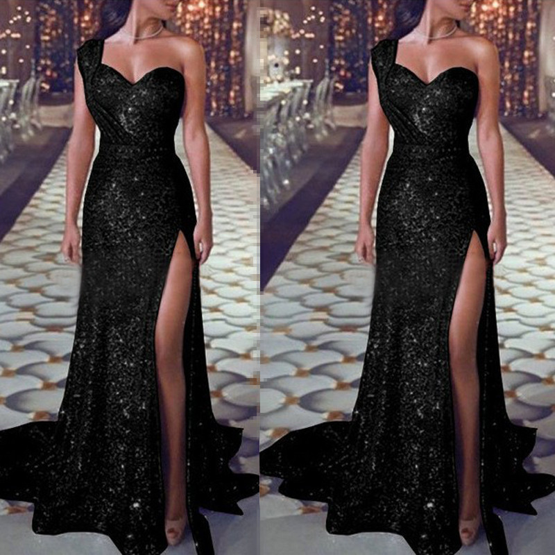 Sexy High Splite Long Evening Dress High V Neck Squins Skirt Lady Offshoulder Wrap Chest Party Dress