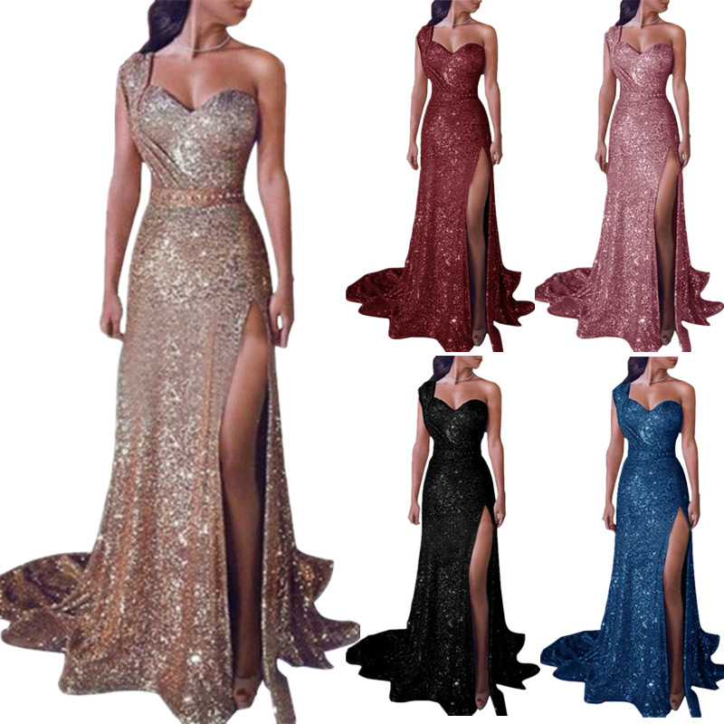 Sexy High Splite Long Evening Dress High V Neck Squins Skirt Lady Offshoulder Wrap Chest Party Dress