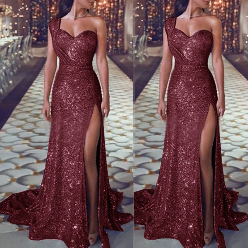 Sexy High Splite Long Evening Dress High V Neck Squins Skirt Lady Offshoulder Wrap Chest Party Dress