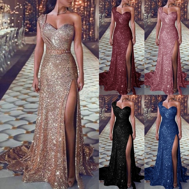 Sexy High Splite Long Evening Dress High V Neck Squins Skirt Lady Offshoulder Wrap Chest Party Dress