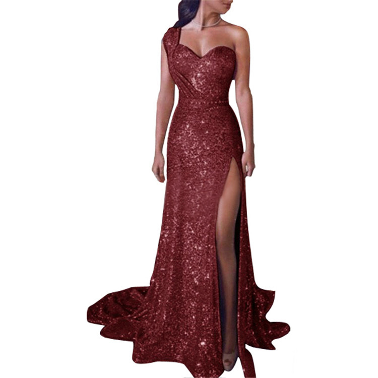 Sexy High Splite Long Evening Dress High V Neck Squins Skirt Lady Offshoulder Wrap Chest Party Dress