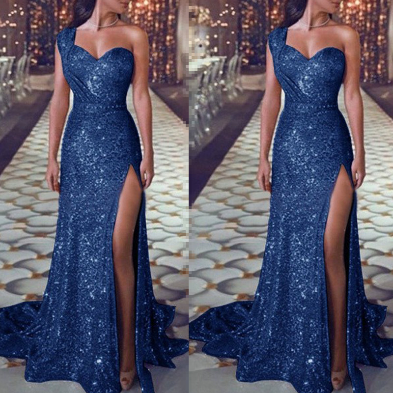 Sexy High Splite Long Evening Dress High V Neck Squins Skirt Lady Offshoulder Wrap Chest Party Dress