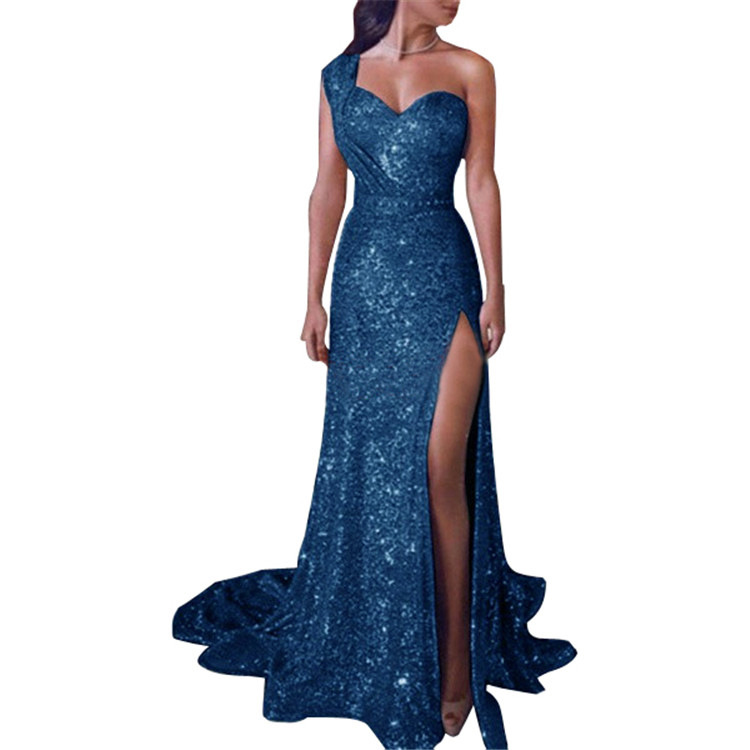 Sexy High Splite Long Evening Dress High V Neck Squins Skirt Lady Offshoulder Wrap Chest Party Dress