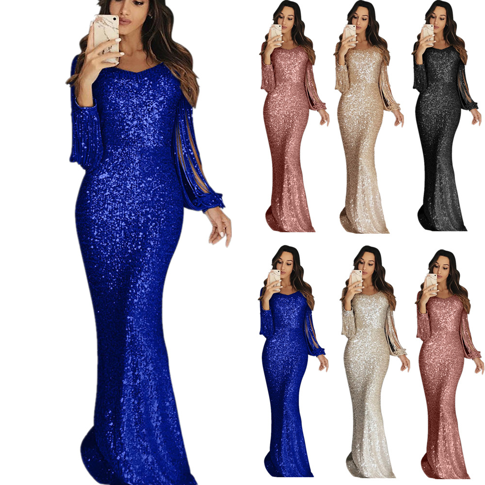 Sexy Personalized Lady Evening Dress Squins Tassels Long Girls Skirt Lady Concert  Party Cotton Dress Ceremony Women Clothes