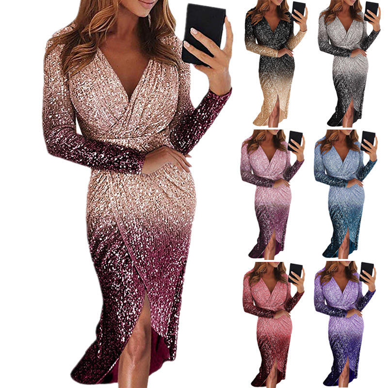 Sexy Personalized Gradient Color Evening Dress High V Neck Squins Skirt Lady Concert  Party Dress