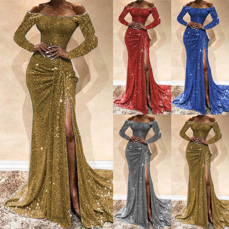 Sexy High Splite Long Evening Dress High V Neck Squins Dress Lady Offshoulder Wrap Chest Party Skirt