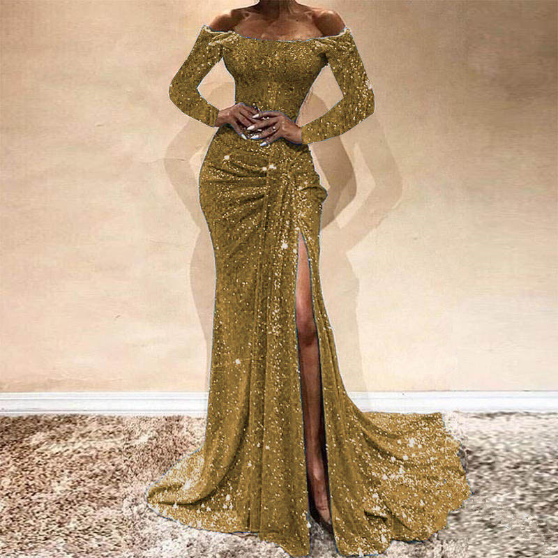 Sexy High Splite Long Evening Dress High V Neck Squins Dress Lady Offshoulder Wrap Chest Party Skirt