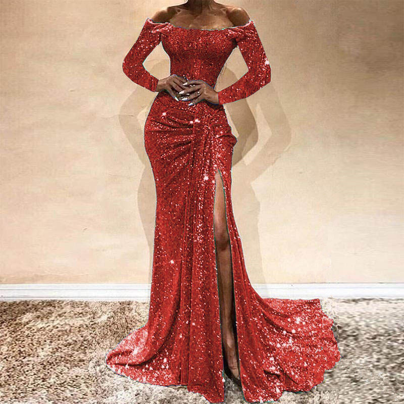 Sexy High Splite Long Evening Dress High V Neck Squins Dress Lady Offshoulder Wrap Chest Party Skirt