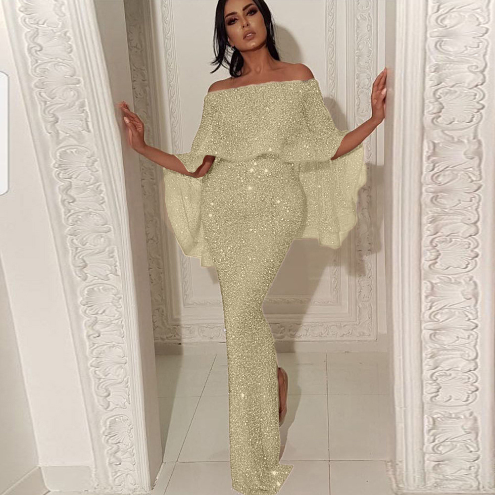 Sexy Long Slim Fit Evening Dress High V Neck  Dress Lady Off Shoulder Party Skirt Concert Dress European & American New Back Large Flounce Wrap Chest BlingBling Wrap Hip Split Women Evening Dress