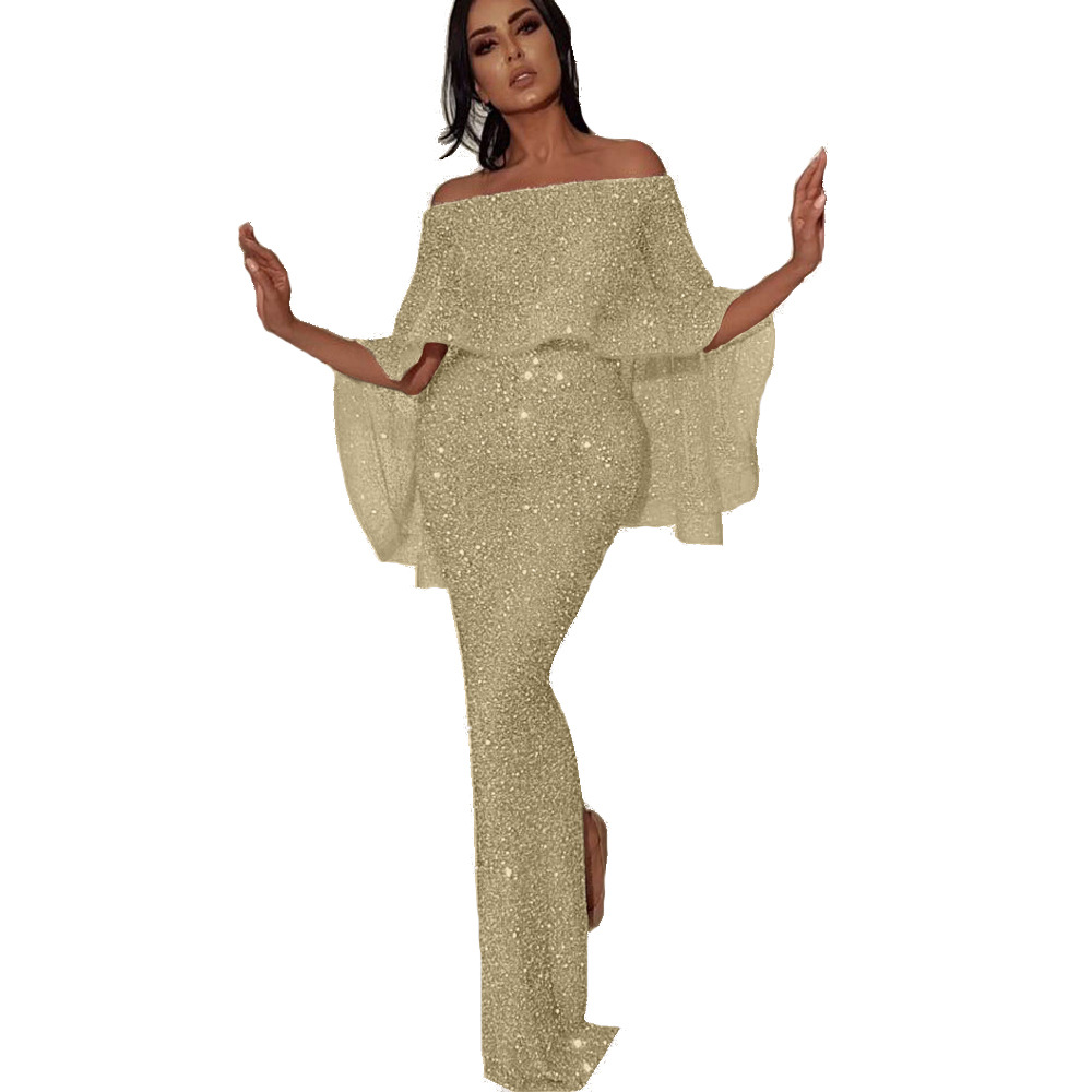 Sexy Long Slim Fit Evening Dress High V Neck  Dress Lady Off Shoulder Party Skirt Concert Dress European & American New Back Large Flounce Wrap Chest BlingBling Wrap Hip Split Women Evening Dress
