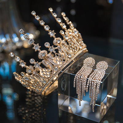 Bridal Wedding Jewelry Crown Earrings  Party Banquet Crystal Bridal Accessories Suit Golden