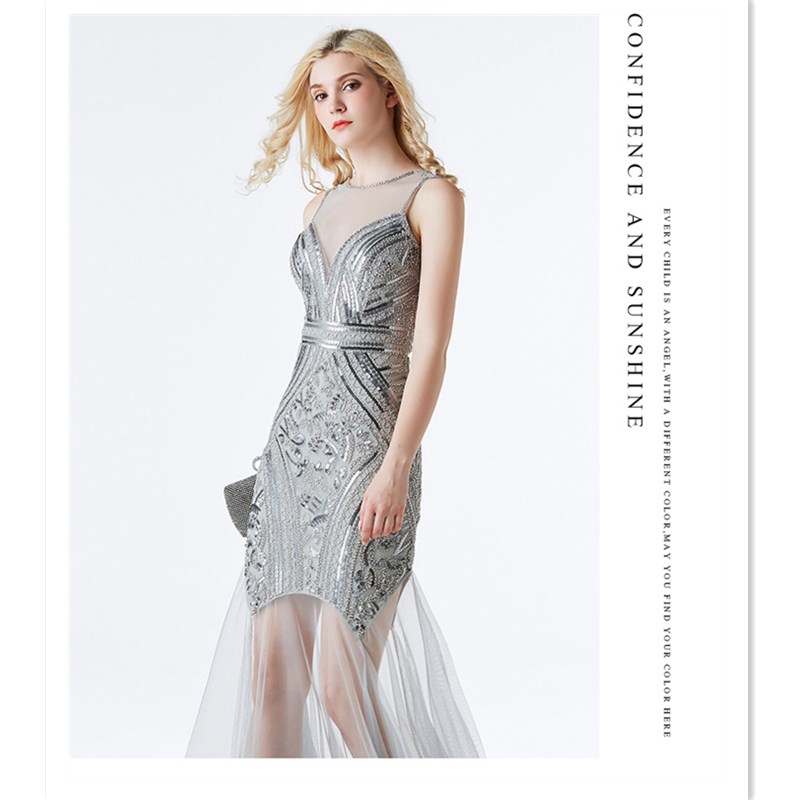 Sexy Slim Fit Evening Dress High V Neck Squins Dress Bridemaid Wedding Dress Party Concert Dress