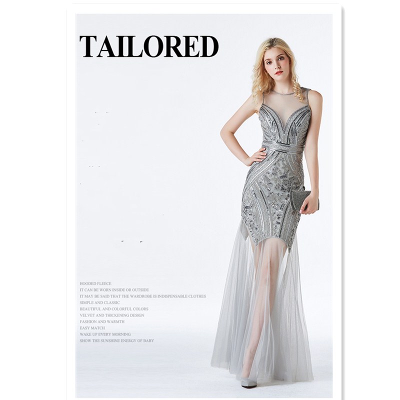 Sexy Slim Fit Evening Dress High V Neck Squins Dress Bridemaid Wedding Dress Party Concert Dress