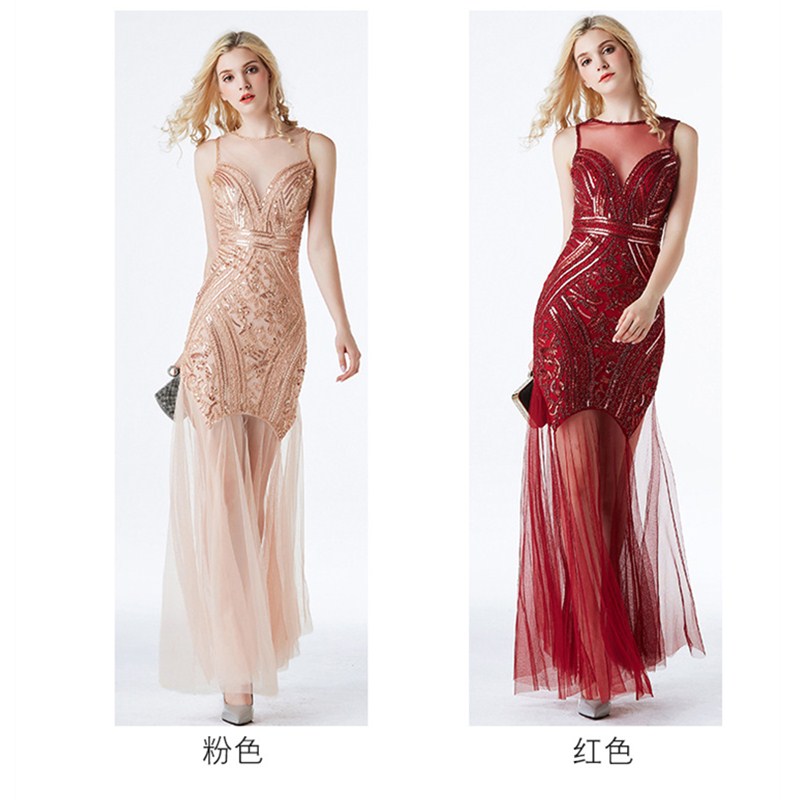 Sexy Slim Fit Evening Dress High V Neck Squins Dress Bridemaid Wedding Dress Party Concert Dress