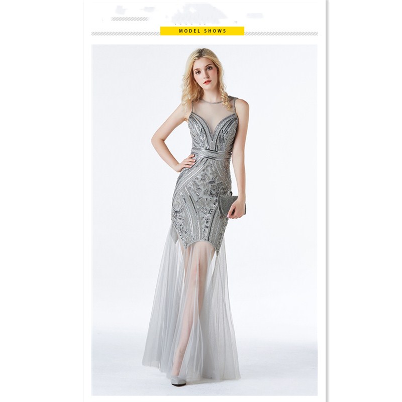 Sexy Slim Fit Evening Dress High V Neck Squins Dress Bridemaid Wedding Dress Party Concert Dress