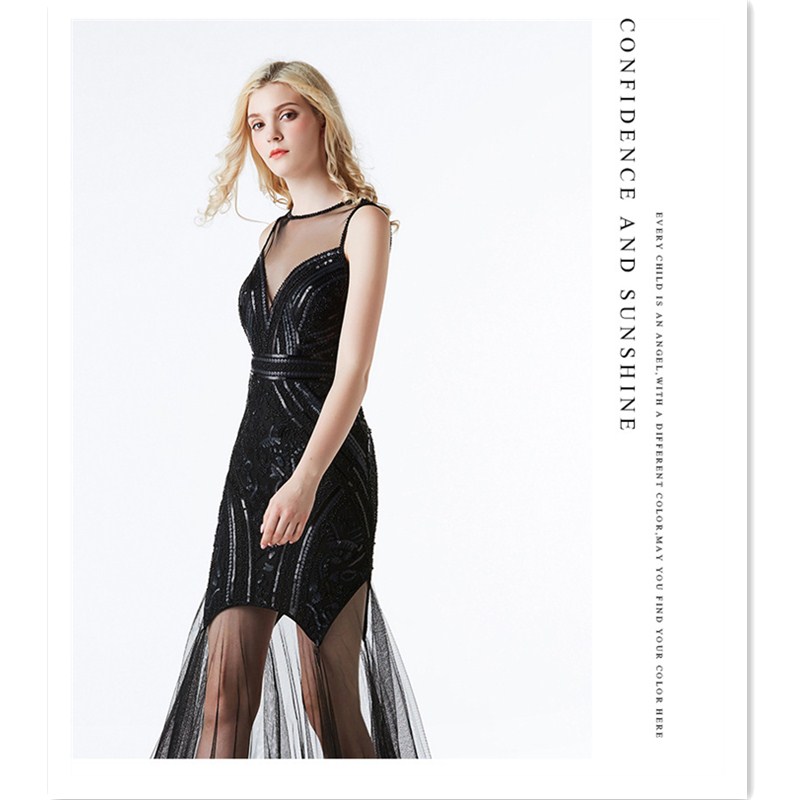 Sexy Slim Fit Evening Dress High V Neck Squins Dress Bridemaid Wedding Dress Party Concert Dress