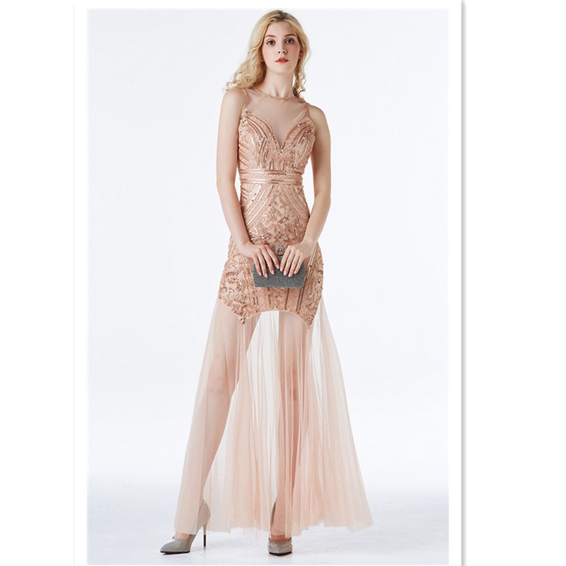 Sexy Slim Fit Evening Dress High V Neck Squins Dress Bridemaid Wedding Dress Party Concert Dress