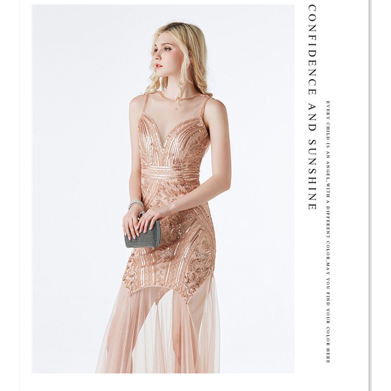 Sexy Slim Fit Evening Dress High V Neck Squins Dress Bridemaid Wedding Dress Party Concert Dress