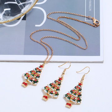 Cute cartoon oil dripping Christmas tree Christmas Gift Earrings Necklace Set