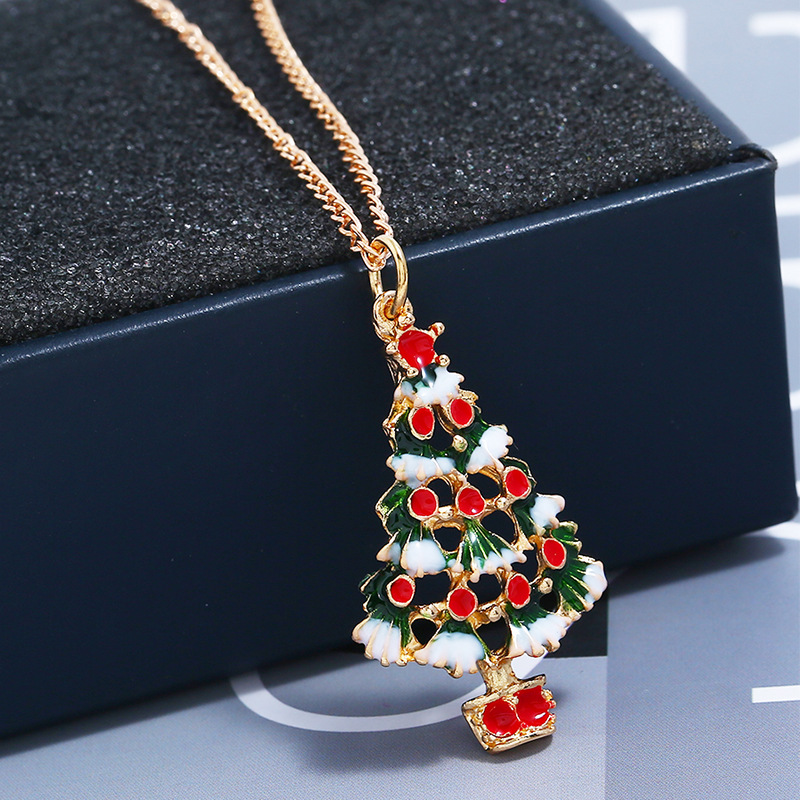 Cute cartoon oil dripping Christmas tree Christmas Gift Earrings Necklace Set