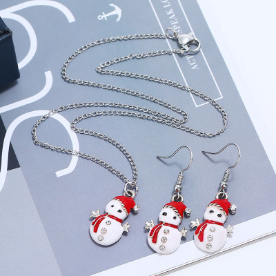 Europe and America cute cartoon drop oil Santa Claus Snowman Gift Earrings Necklace Set