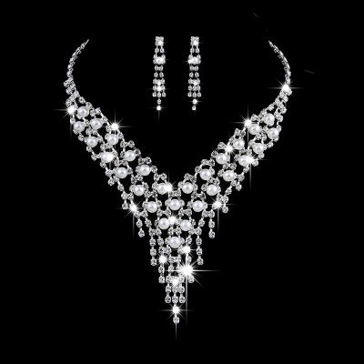 Banquet luxury fashion Wedding Crystal Sets water diamond pearl necklace earrings two piece set