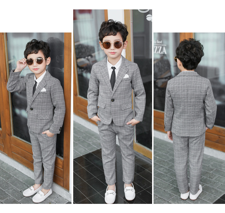 Tie+Blazer+Pants+Shirt Four-pcs Kids Child Boys Suits Formal Gentleman  Wedding Suit Children Party Korean Children's Suit Checkered Fashion Boy Small Suit New Flower Boy Dress