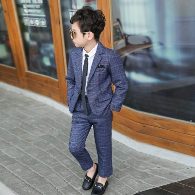 Tie+Blazer+Pants+Shirt Four-pcs Kids Child Boys Suits Formal Gentleman  Wedding Suit Children Party Korean Children's Suit Checkered Fashion Boy Small Suit New Flower Boy Dress